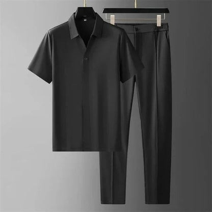 Herrset – Slim Fit – Kortärmad Skjorta med Knäppning – Skräddarsydda Byxor – Bomullsblandning