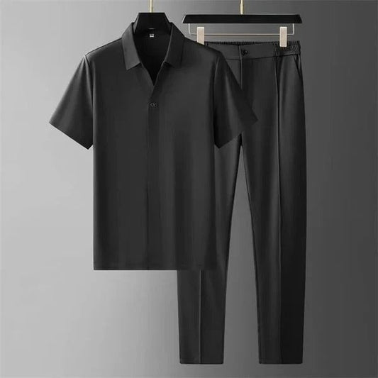 Herrset – Slim Fit – Kortärmad Skjorta med Knäppning – Skräddarsydda Byxor – Bomullsblandning