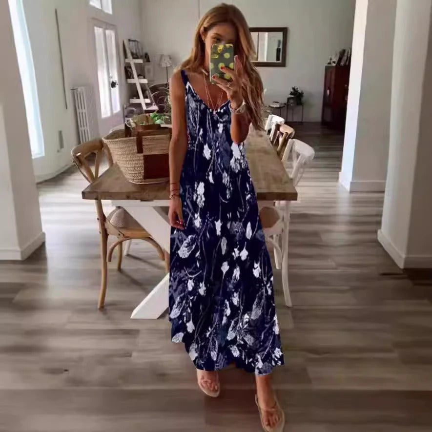 Damklänning maxi – Lös passform – Ärmlös – Djup V-ringning – Blommigt mönster
