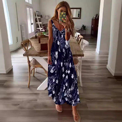 Damklänning maxi – Lös passform – Ärmlös – Djup V-ringning – Blommigt mönster