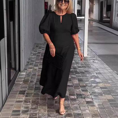 Damklänning maxi – Puffärmar – Elegant drapering – Nyckelhålsringning