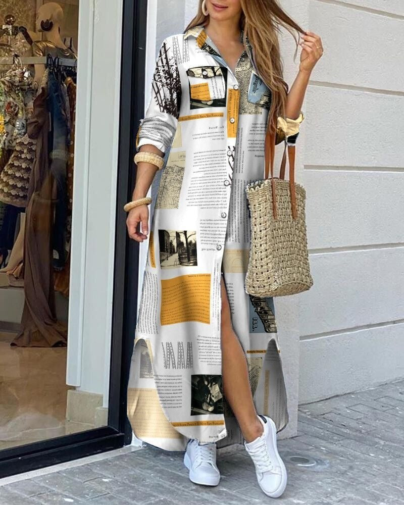 Damklänning maxi – avslappnad passform – bomullskänsla – knappfront – geometriskt mönster