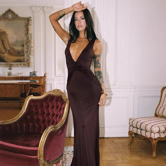 Klänning dam maxi – Slim fit – Djup V-ringning – Ärmlös