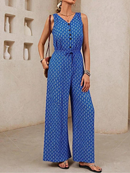 Damjump­suit – Avslappnad Passform – V-ringning – Ärmlös – Dragsko­midja – Vida Ben