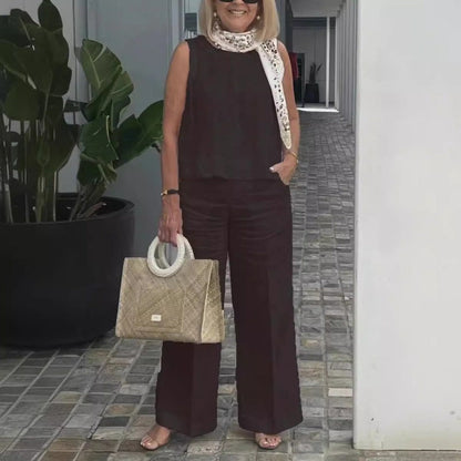 Damset – Ärmös Topp och Vida Byxor – Avslappnad Passform – Linne Bomull – Fickor