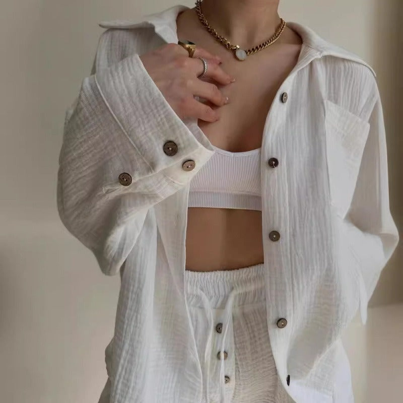 Damset med skjorta och shorts – Oversize passform – Knäppning – Dragsko – Bomull