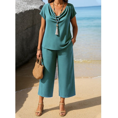 Damset – Avslappnad Passform – Draperad Krage – Kortärmad Topp – Vida Croppade Byxor