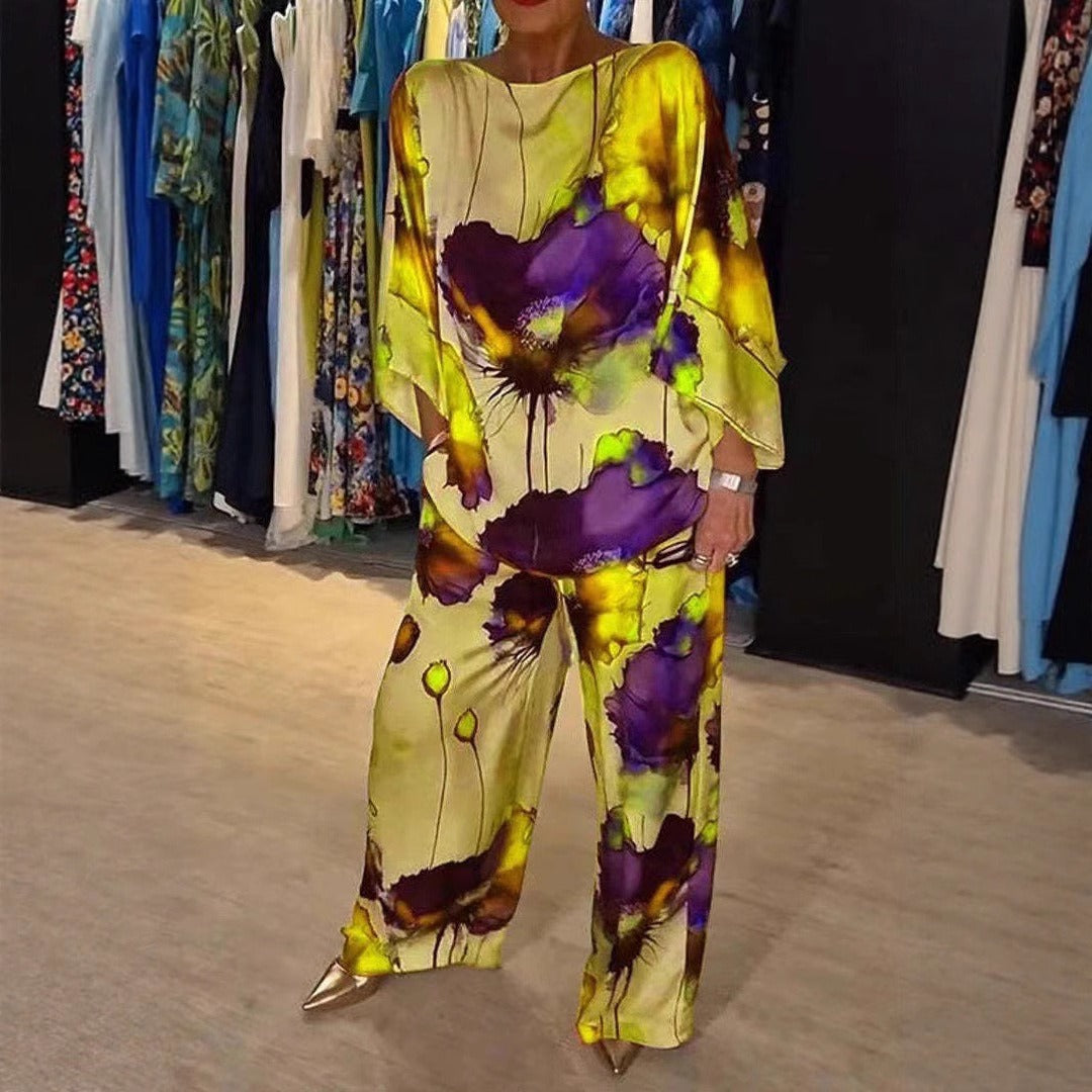 Damset med topp och byxa – Off shoulder – Fladderärm – Vida ben – Silkeslen känsla