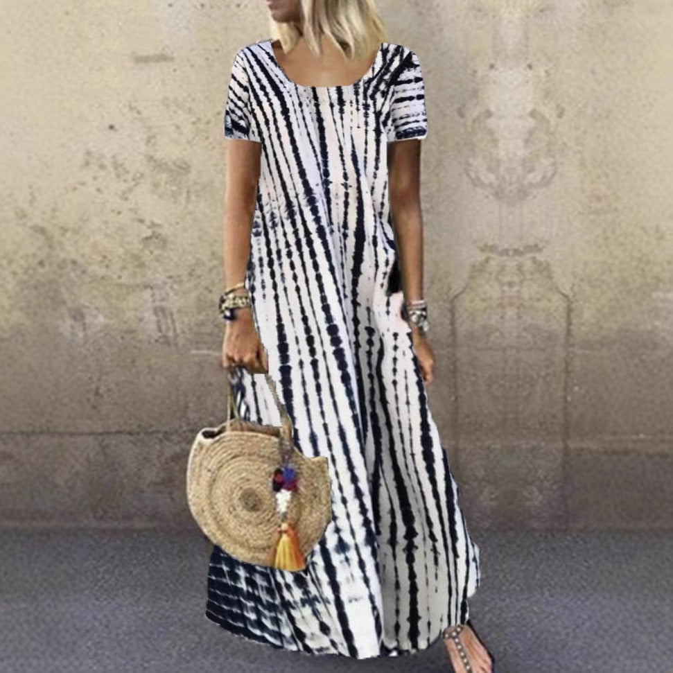 Damklänning maxi – Lös passform – Tie-dye mönster – Kort ärm – Bomull