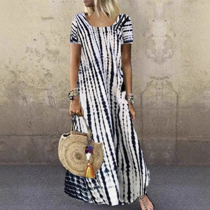 Damklänning maxi – Lös passform – Tie-dye mönster – Kort ärm – Bomull