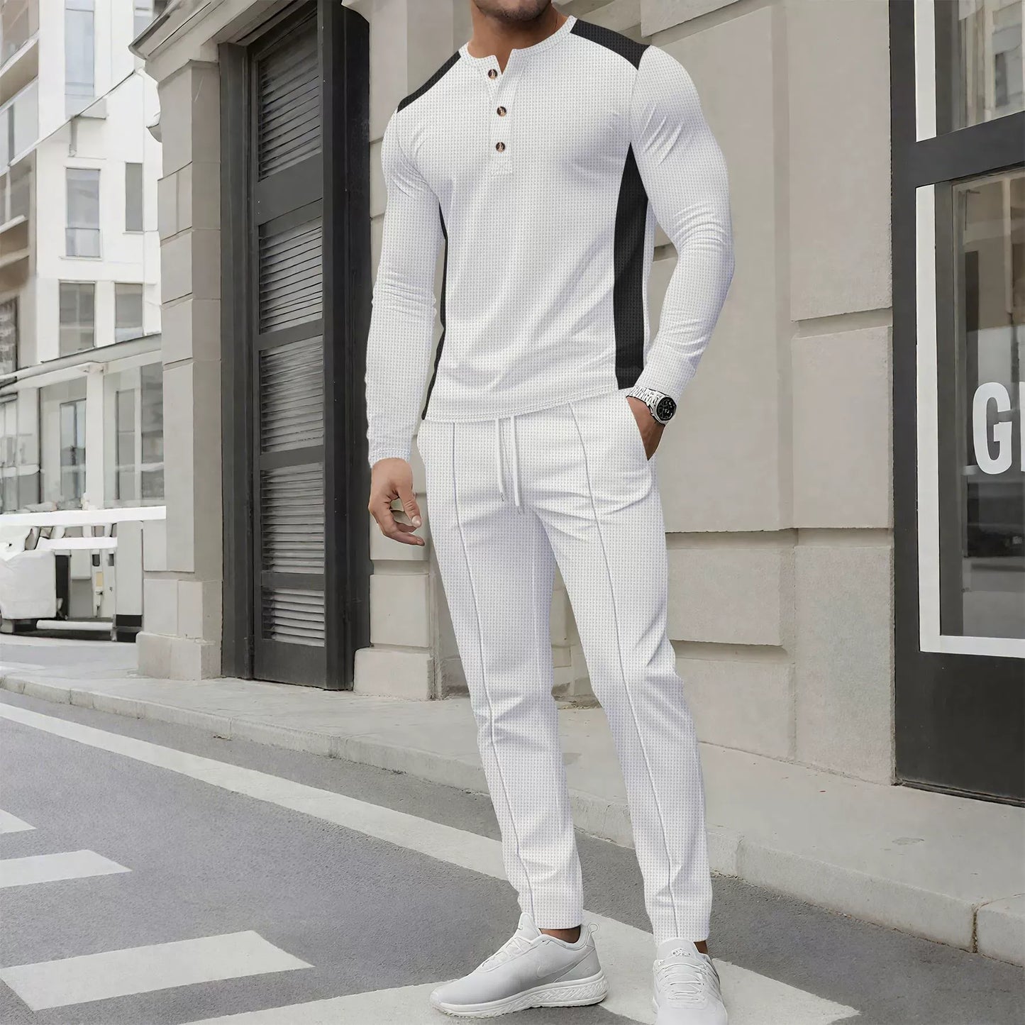 Herrset i två delar – Slim Fit Henleytröja med lång ärm och byxor i waffletrikå