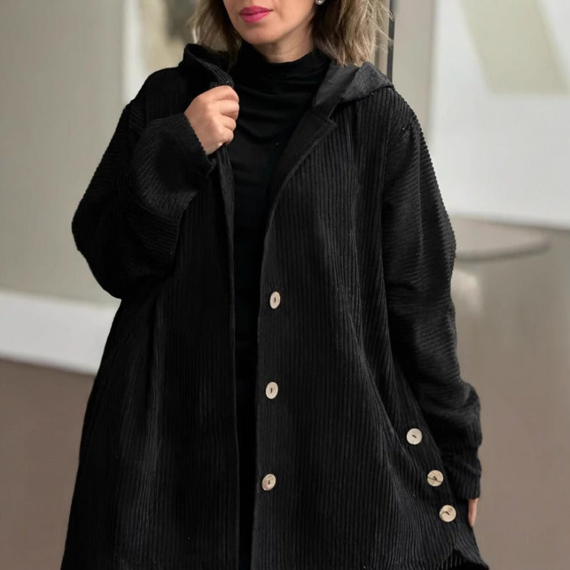 Damjacka – Corduroy – Lös Passform – Huva – Knappstängning – Lårlängd