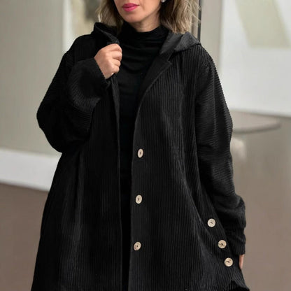 Damjacka – Corduroy – Lös Passform – Huva – Knappstängning – Lårlängd