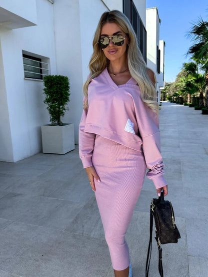 Damklänning Set – Slim Fit – V-ringning – Mjuk Bomullsblandning – Midi Längd