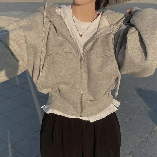 Dam hoodie med dragkedja – Croppad oversized passform – Mjuk bomullsblandning – Med huva och fickor