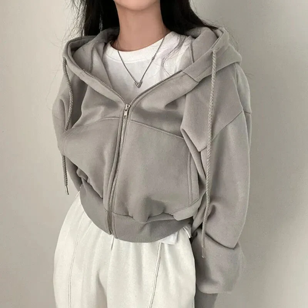 Dam hoodie med dragkedja – Croppad oversized passform – Mjuk bomullsblandning – Med huva och fickor