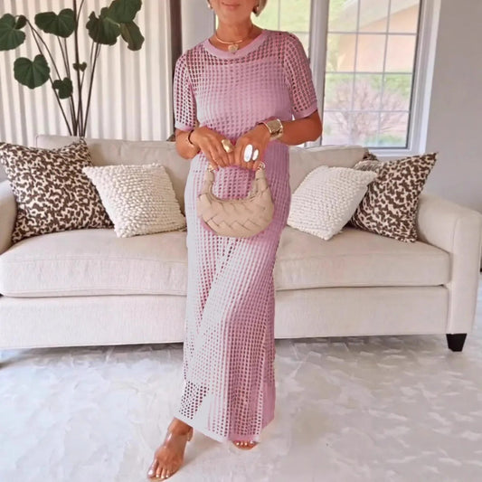 Damklänning Maxi – Rak Passform – Meshdetaljer – Kort Ärm Elegant Stil