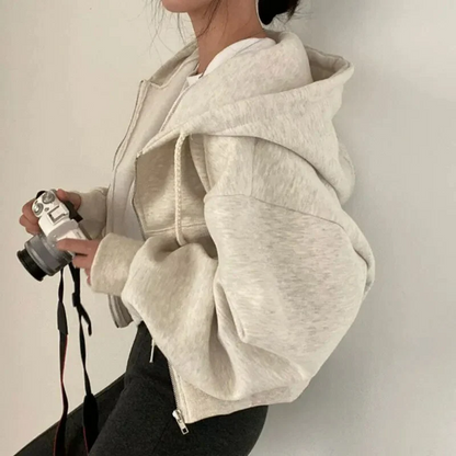 Dam hoodie med dragkedja – Croppad oversized passform – Mjuk bomullsblandning – Med huva och fickor