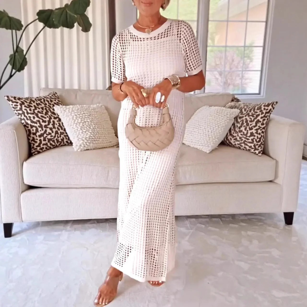 Damklänning Maxi – Rak Passform – Meshdetaljer – Kort Ärm Elegant Stil