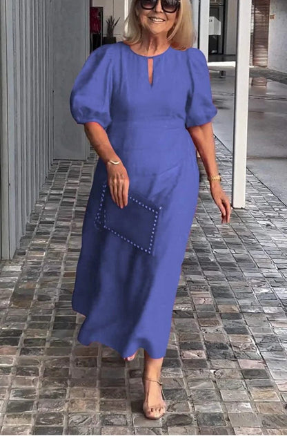 Damklänning maxi – Puffärmar – Elegant drapering – Nyckelhålsringning