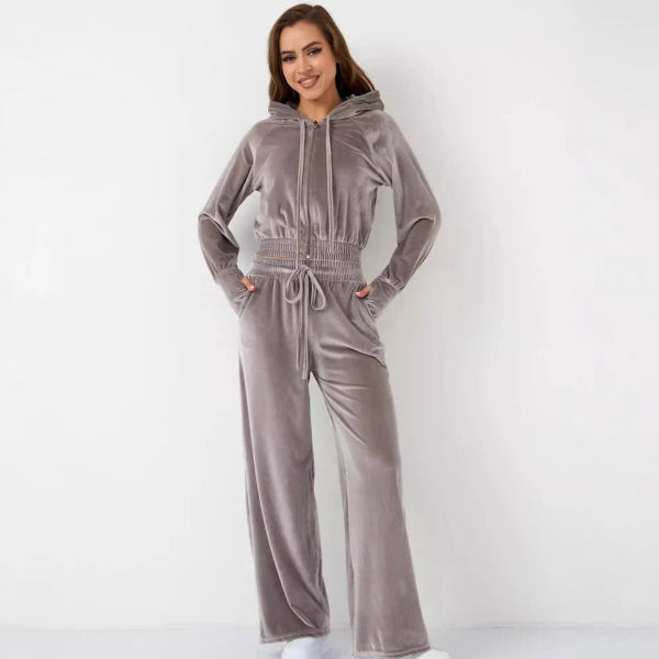 Dam Lounge Set – Fleece – Avslappnad Passform – Hood med Dragsko – Vida Byxor