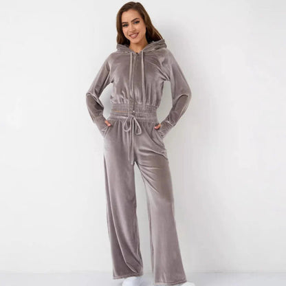 Dam Lounge Set – Fleece – Avslappnad Passform – Hood med Dragsko – Vida Byxor