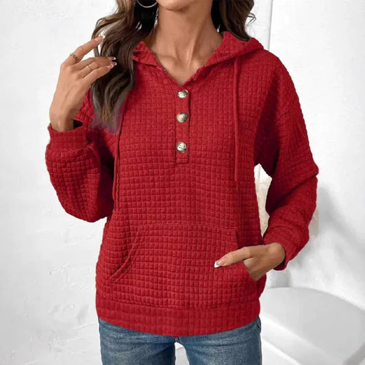 Dam Hoodie – Quiltad Struktur – Avslappnad Passform – Knappfram – Lång Ärmar – Ficka
