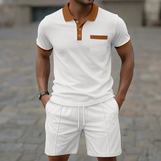 Herrset med pikétröja och shorts – Slim Fit – Andningsbart – Halv knapp – Bröstficka