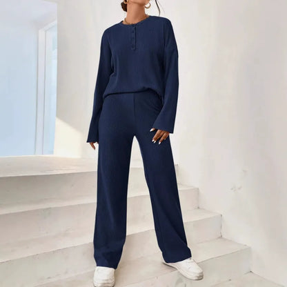 Dam Loungewear Set – Ribbad Stickning – Avslappnad Passform – Pullover och Byxor