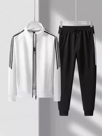 Herr Träningsdress – Regular Fit – Hög Krage – Taperade Byxor – Randdetalj