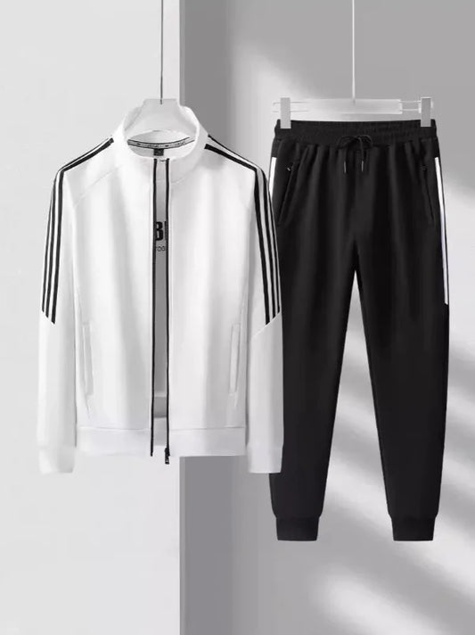 Herr Träningsdress – Regular Fit – Hög Krage – Taperade Byxor – Randdetalj