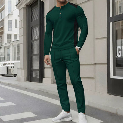 Herrset i två delar – Slim Fit Henleytröja med lång ärm och byxor i waffletrikå