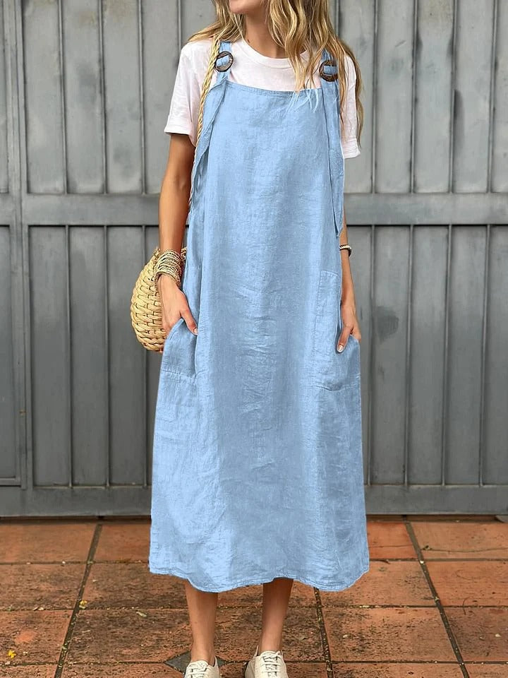 Damklänning – Linne – Avslappnad Passform – Justerbara Axelband – Midilängd – Fickor