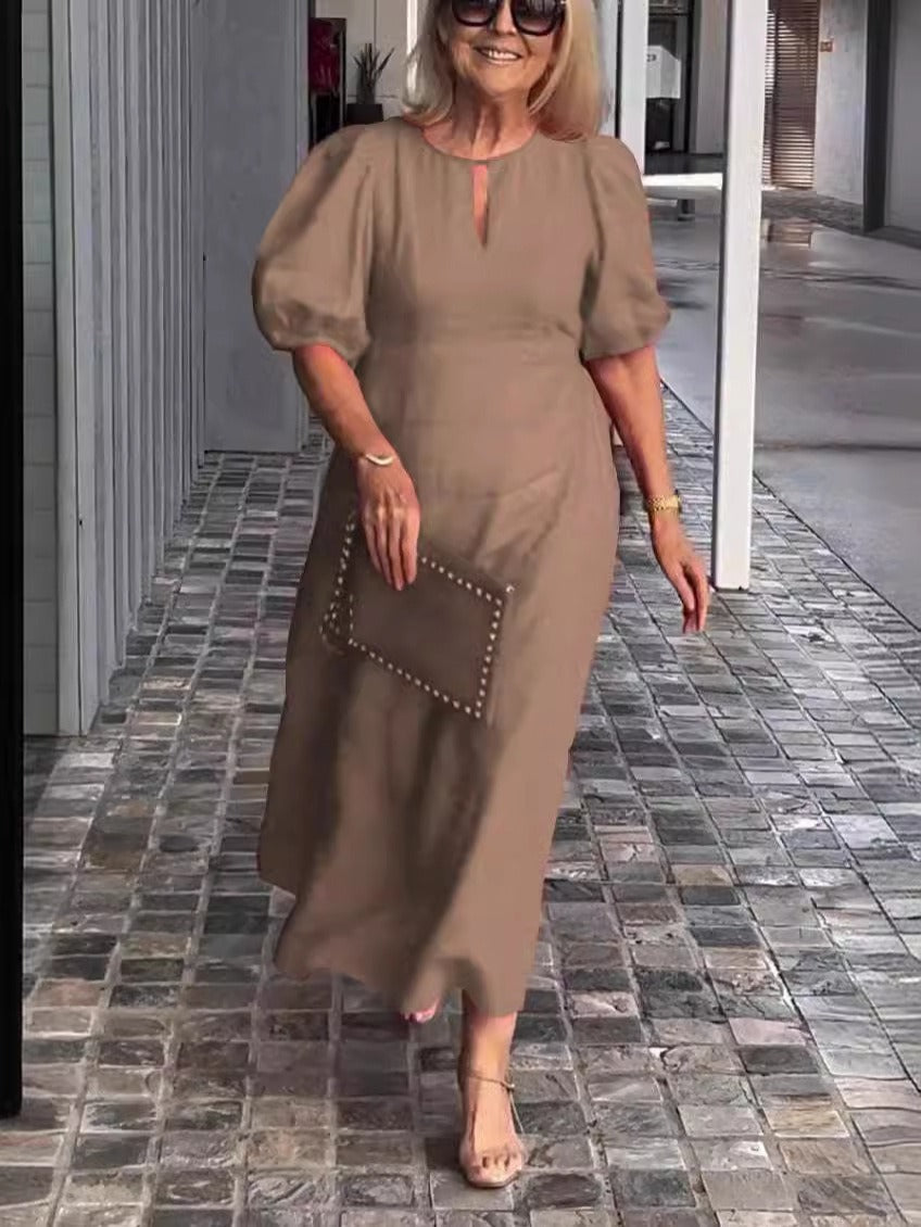 Damklänning midi – Puffärm – Avslappnad passform – Cotton – Rund hals med slits