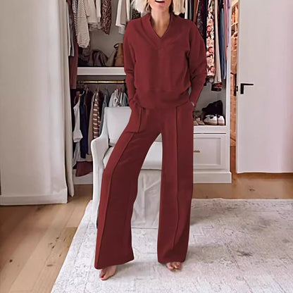 Damset med långärmad V-ringad topp – Vida byxor med hög midja – Avslappnad passform