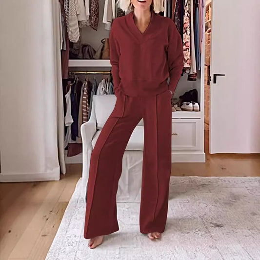 Damset med långärmad V-ringad topp – Vida byxor med hög midja – Avslappnad passform