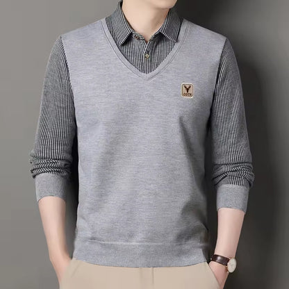 Herr Sweatshirt – Slim Fit – Stickad – V-ringad Lager-på-Lager Look – Rutmönstrade Ärmar