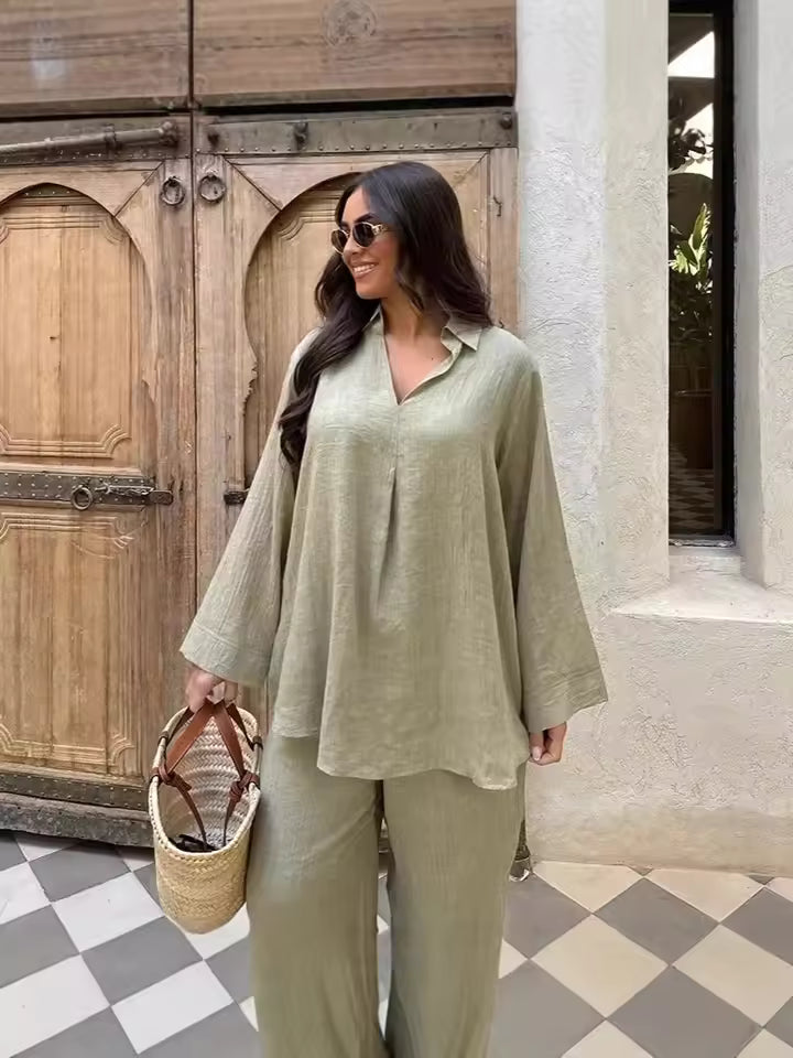 Damset med blus och byxor – Lös passform – Linne bomull – Vida ben – Lång ärm