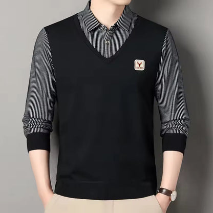 Herr Sweatshirt – Slim Fit – Stickad – V-ringad Lager-på-Lager Look – Rutmönstrade Ärmar