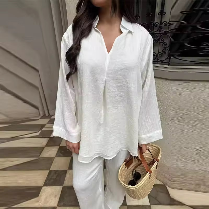 Damset med blus och byxor – Lös passform – Linne bomull – Vida ben – Lång ärm