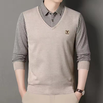 Herr Sweatshirt – Slim Fit – Stickad – V-ringad Lager-på-Lager Look – Rutmönstrade Ärmar