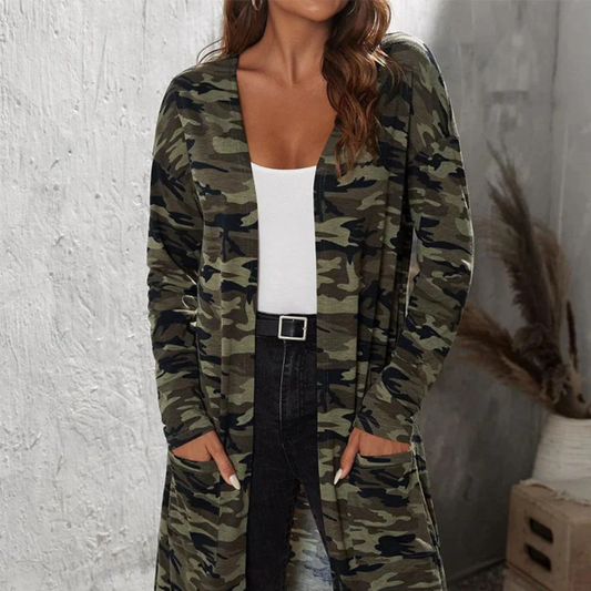 Damjacka lång – Avslappnad passform – Camomönster – Mjuk bomullsblandning – Öppen front