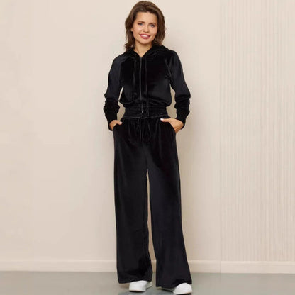 Dam Lounge Set – Fleece – Avslappnad Passform – Hood med Dragsko – Vida Byxor