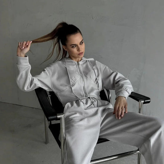 Dam Lounge Set – Hoodie med Dragkedja – Vida Byxor – Mjuk Bomullsblandning