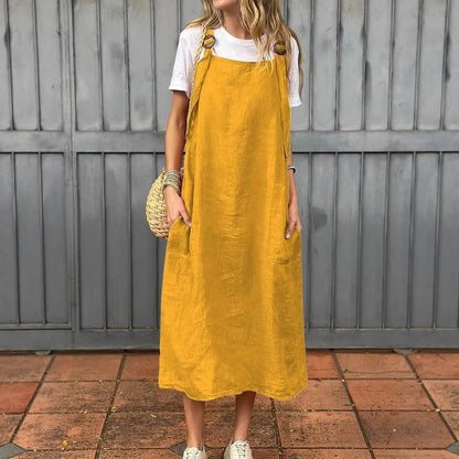 Damklänning – Linne – Avslappnad Passform – Justerbara Axelband – Midilängd – Fickor