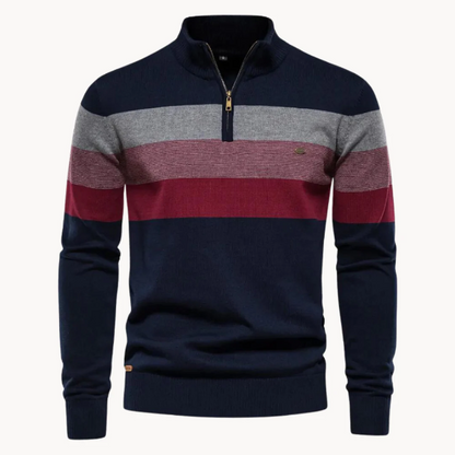 Herrtröja – Slim Fit – Ullmix Stickad – Kvartsdragkedja – Randigt Bröstparti
