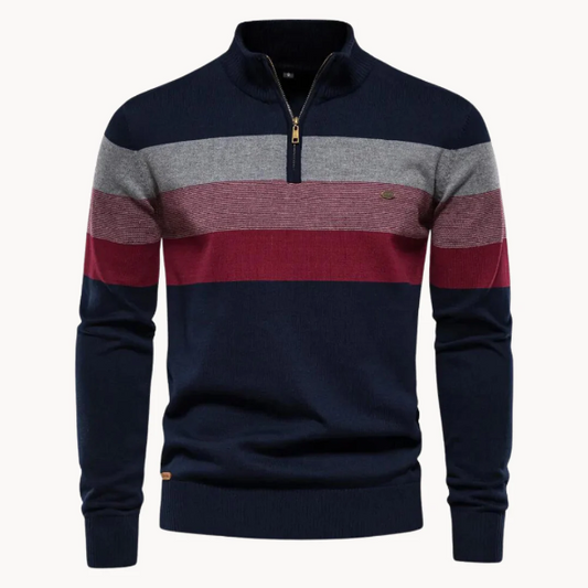Herrtröja – Slim Fit – Ullmix Stickad – Kvartsdragkedja – Randigt Bröstparti