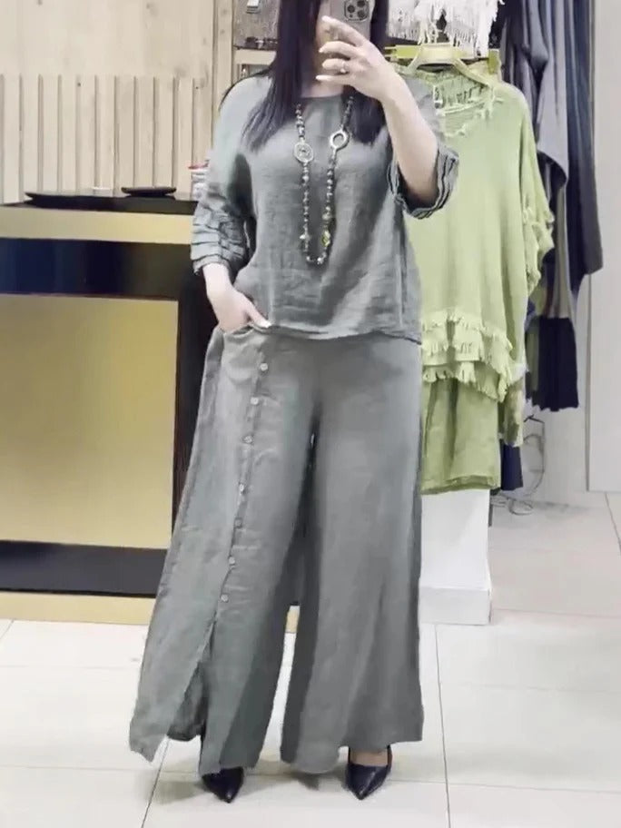 Damset – Linne – Avslappnad långärmad topp – Vida byxor med knapplist