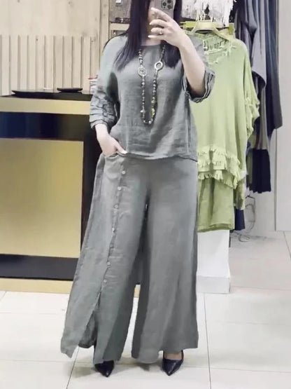 Damset – Linne – Avslappnad långärmad topp – Vida byxor med knapplist