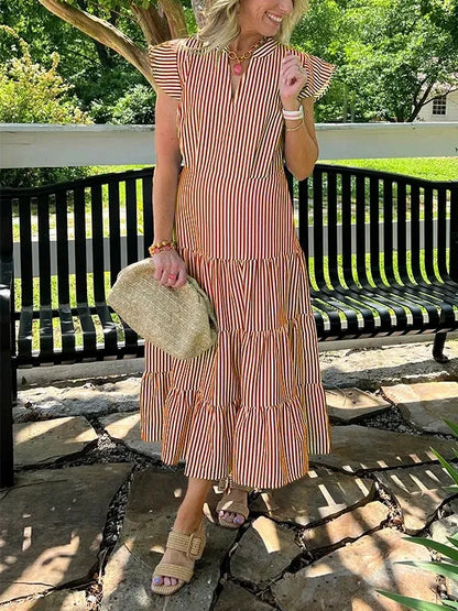 Damklänning midi – V-ringning – Randig – Volangärm – Skiktad kjol – Bomull